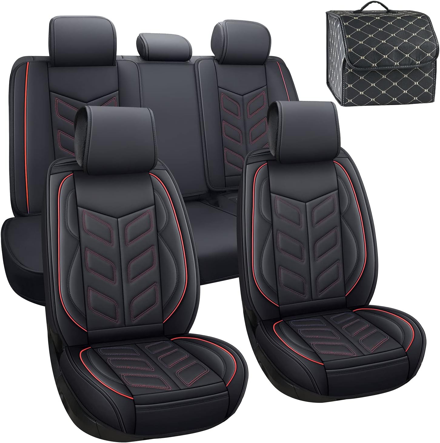 Front Pair Black+Red Faux Leather Car Seat Covers O22562