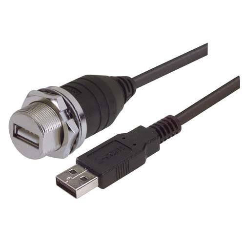 USB Cable, Shielded Waterproof Panel Mount Type A Female to Standard Type A Male, 2 Meter W6223
