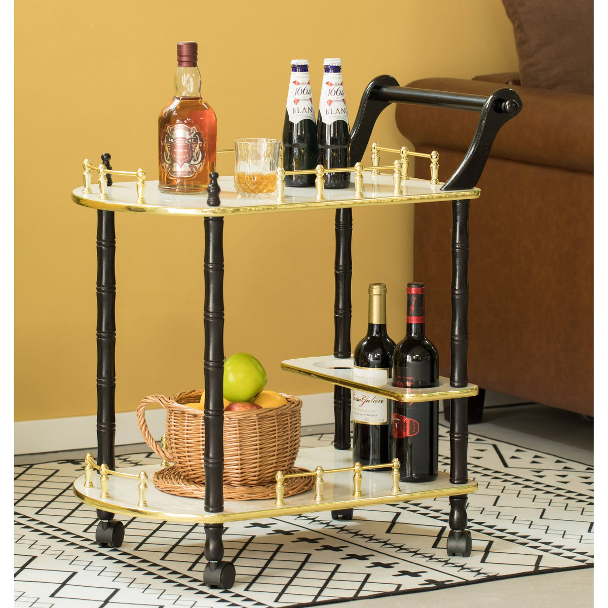 Gold Black and White Wood Serving Bar Cart with 2 Tier Shelves and Rolling Wheels Z441200