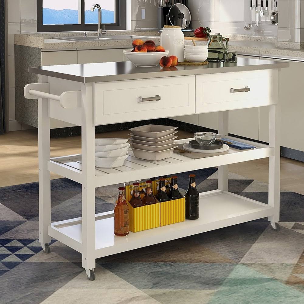 White Stainless Steel Kitchen Cart with Two Drawers Q934605