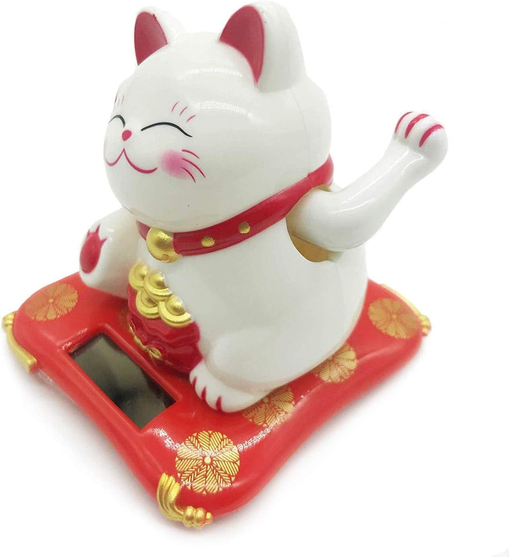 White Mini Solar Powered Cat with Waving Arm Pack of 2 C769