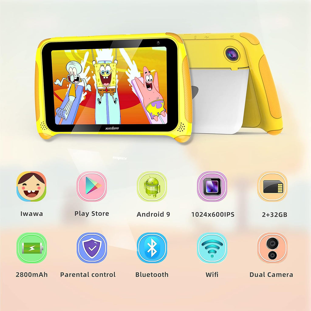 Yellow 7 inch Kids Tablet Android 11 Quad Core 2GB RAM 32GB Dual Camera WiFi Bluetooth 4.2 Pack of 2 F64576