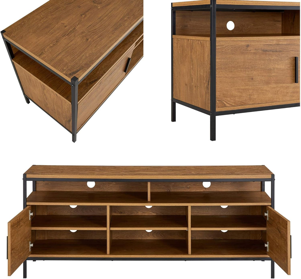 Brown Oak Wood Look Entertainment Center with Two Doors and Storage Shelves Z9616