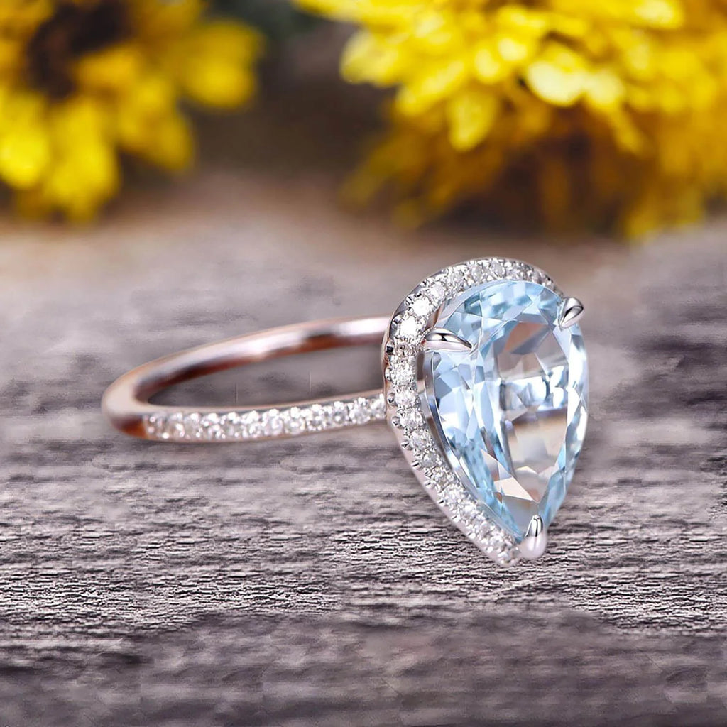 Pear Shaped Aquamarine Engagement Ring 10k White Gold Halo Setting R9062