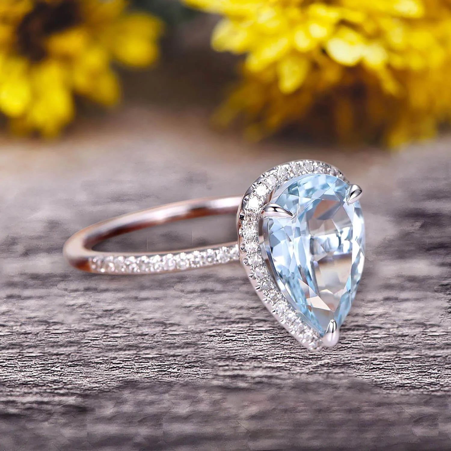 Pear Shaped Aquamarine Engagement Ring 10k White Gold Halo Setting R9062