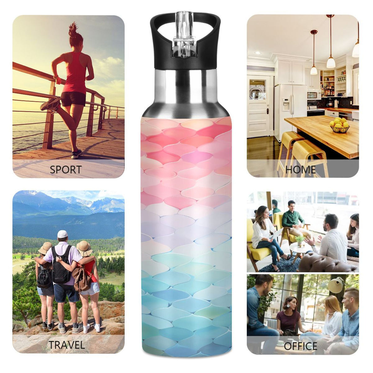Blue and Pink Pattern Stainless Steel Insulated Water Bottle with Straw Lid Q4546