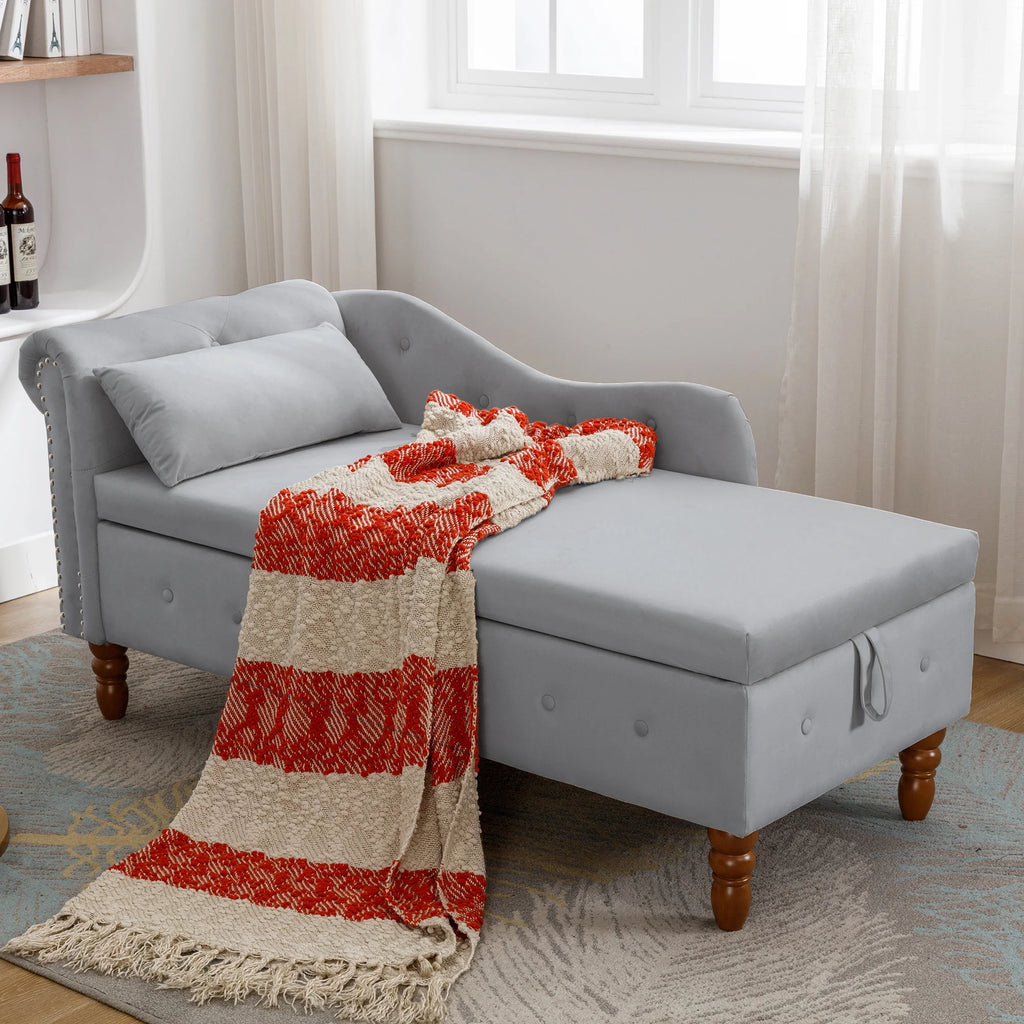 Grey Velvet Chaise Lounge with Storage and Pillow M4310