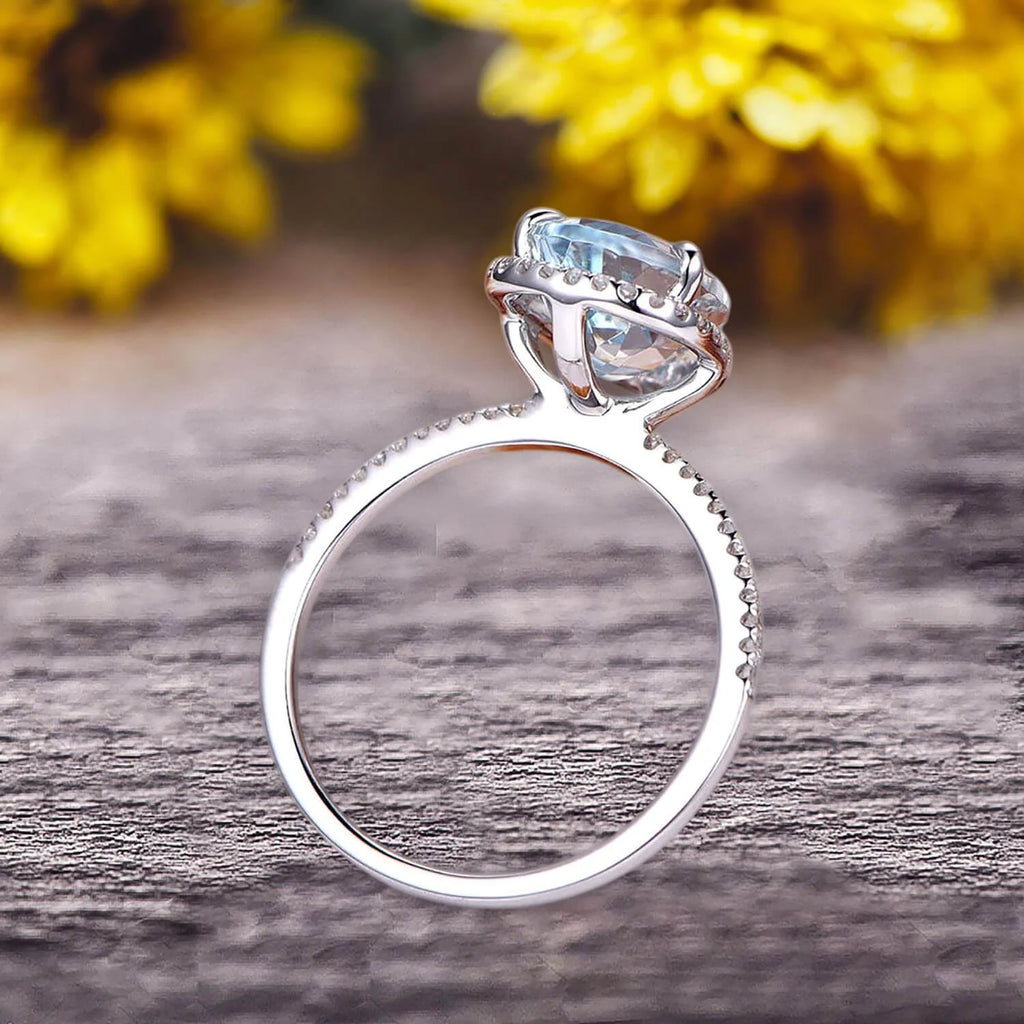 Pear Shaped Aquamarine Engagement Ring 10k White Gold Halo Setting R9062