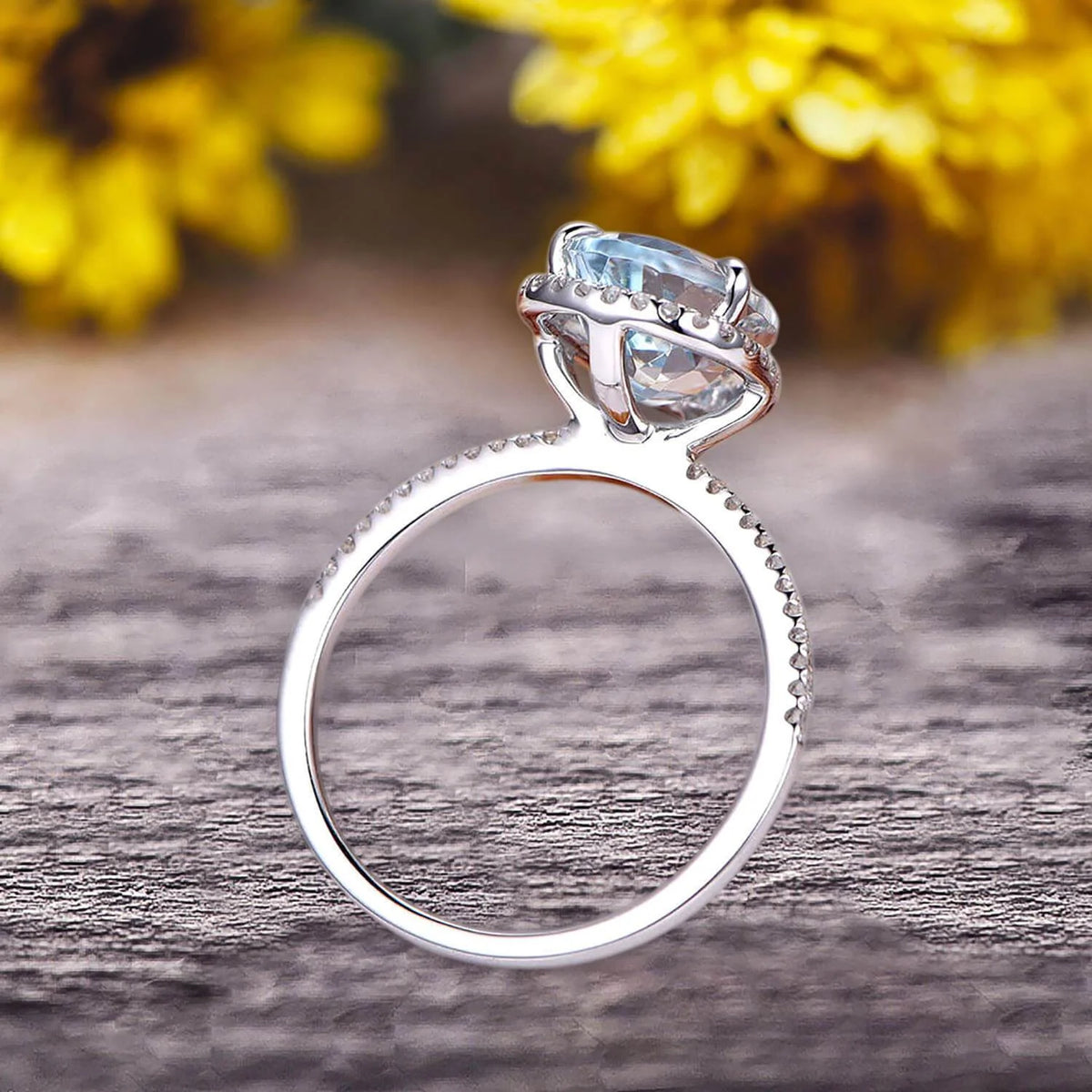 Pear Shaped Aquamarine Engagement Ring 10k White Gold Halo Setting R9062