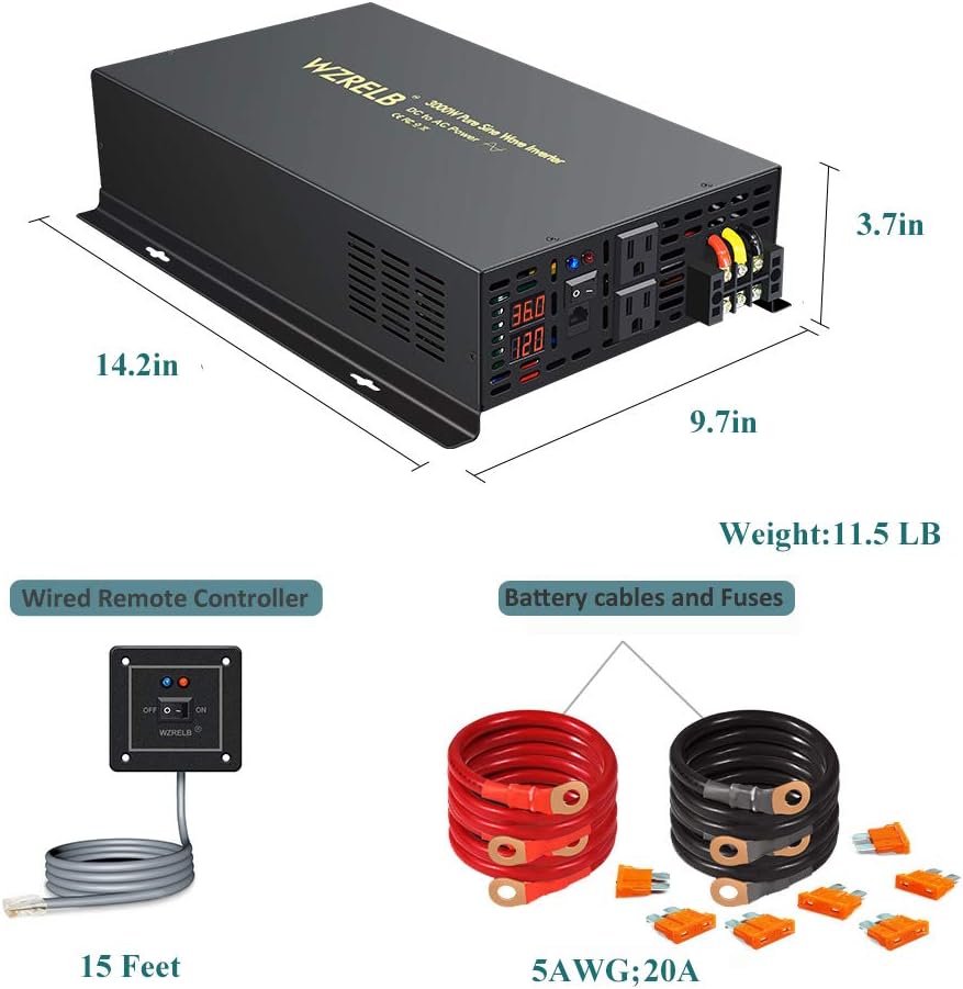 3000Watt Pure Sine Wave Power Inverter with Remote Control Dual AC Outlets C563079