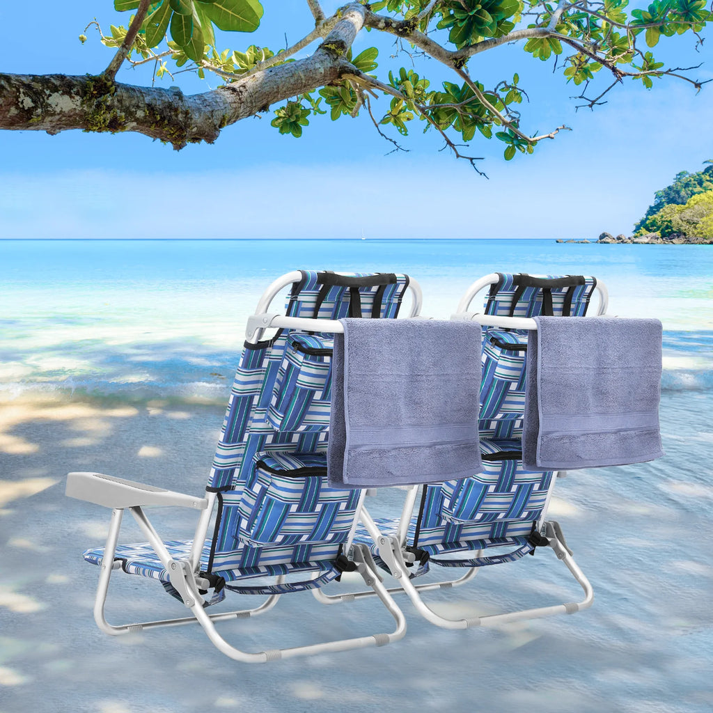 Blue Stripes Folding Beach Chairs Set of 2 with Side Pocket Y732773