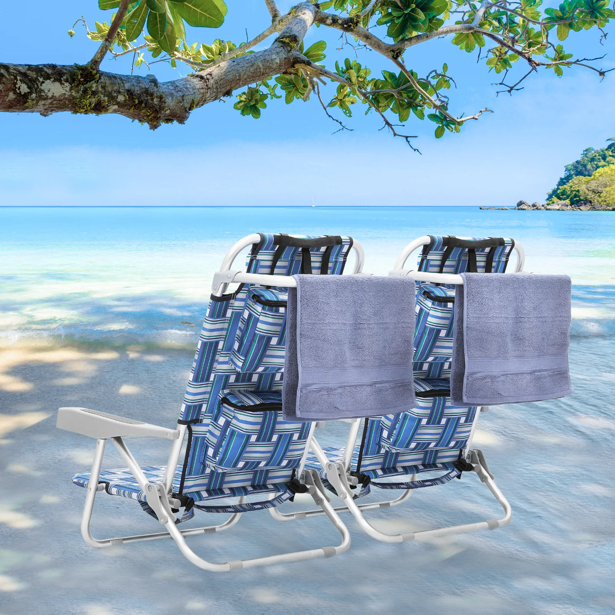 Blue Stripes Folding Beach Chairs Set of 2 with Side Pocket Y732773