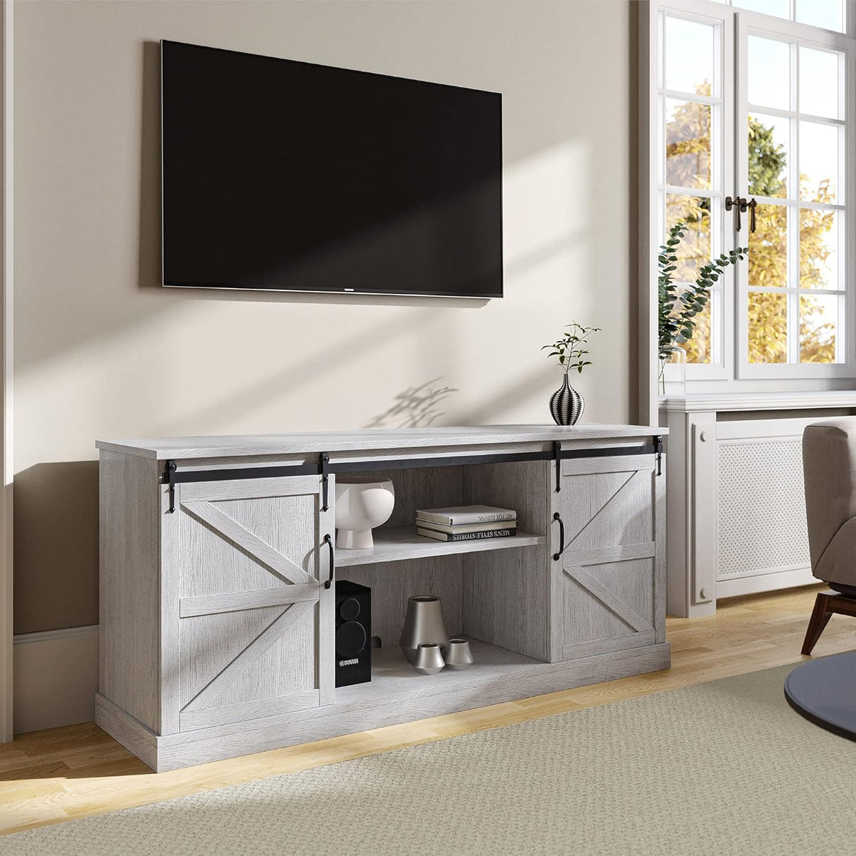 52 Inch TV Stand with Sliding Barn Door and Storage Cabinets (Espresso) U17605