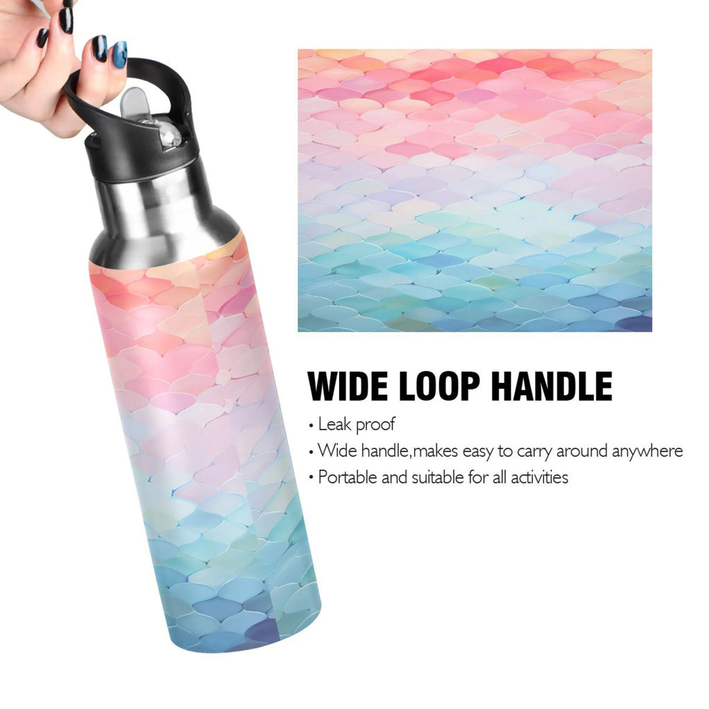 Blue and Pink Pattern Stainless Steel Insulated Water Bottle with Straw Lid Q4546