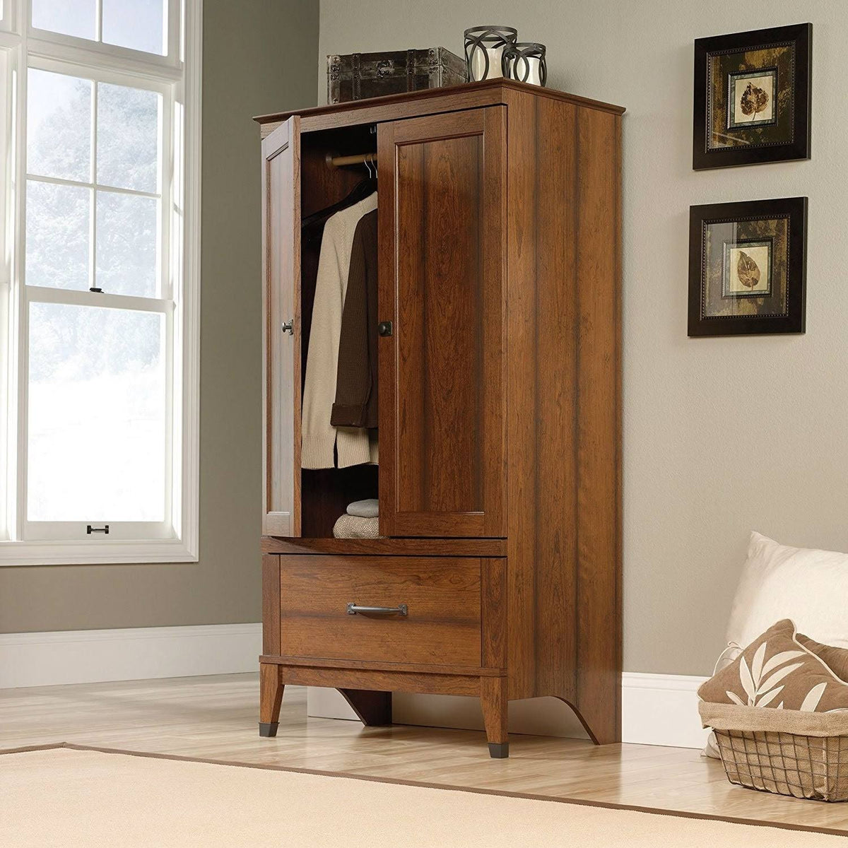 Medium Brown Cherry Wood Finish Wardrobe Cabinet S440