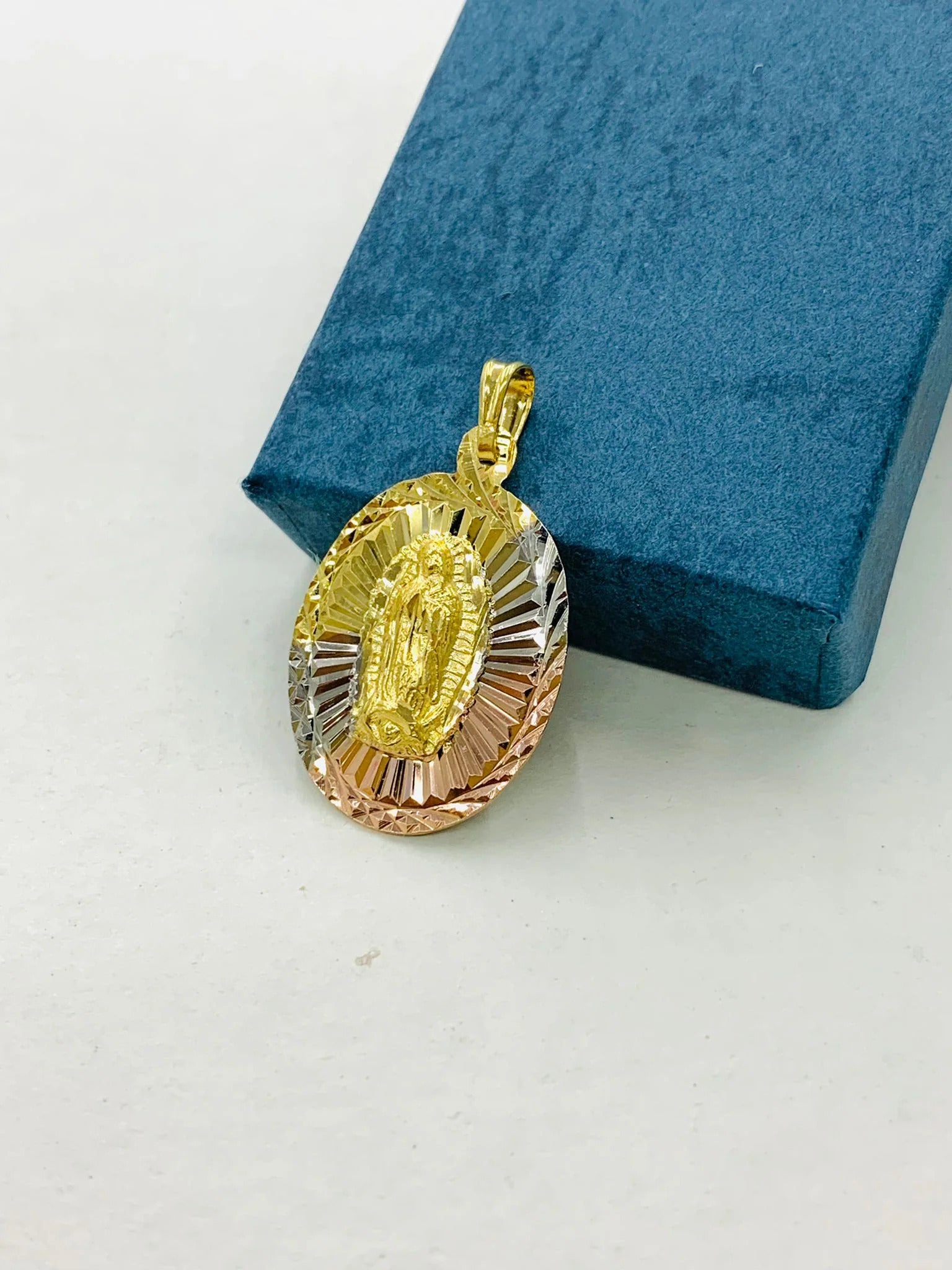 Tri Color Diamond Cut Virgen de Guadalupe Pendant Necklace Figaro Chain 20" Gold Filled O434176