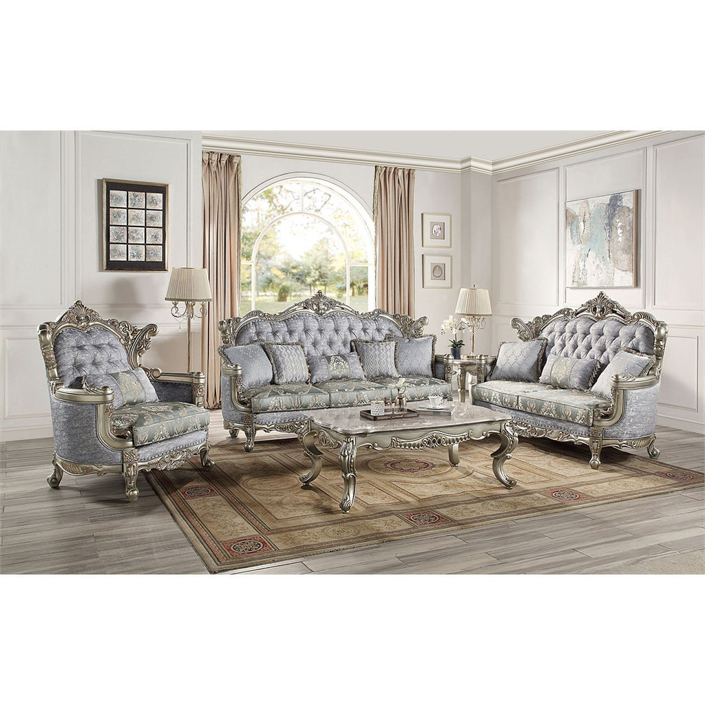 Tufted Fabric & Wood Sofa with 5 Pillows in Gray/Bronze X206