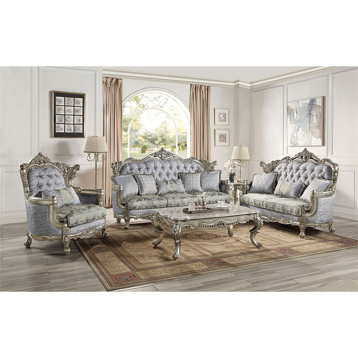 Tufted Fabric & Wood Sofa with 5 Pillows in Gray/Bronze X206