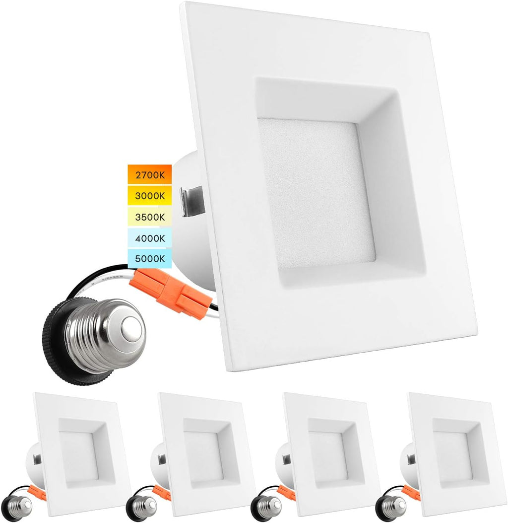 4 Inch Square Recessed LED Can Lights, Selectable CCT, Dimmable, 750 Lumens, CRI 90, Wet Rated (4 Pack) Z9111