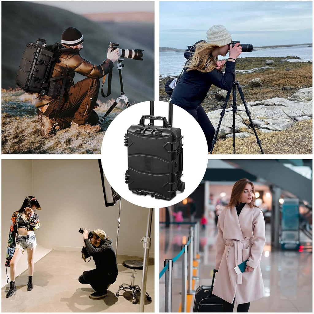 Black Rolling Waterproof Hard Camera Case with Wheels R266