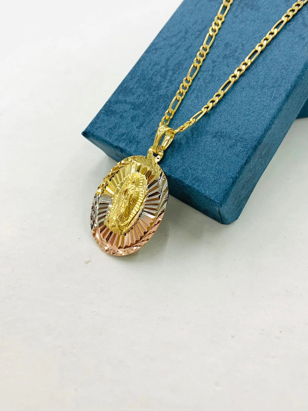 Tri Color Diamond Cut Virgen de Guadalupe Pendant Necklace Figaro Chain 20" Gold Filled O434176