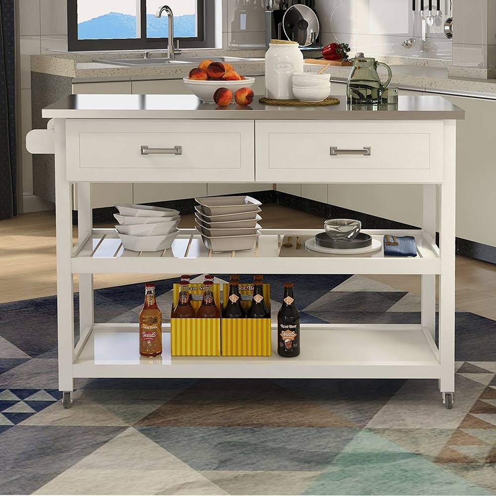 White Stainless Steel Kitchen Cart with Two Drawers Q934605
