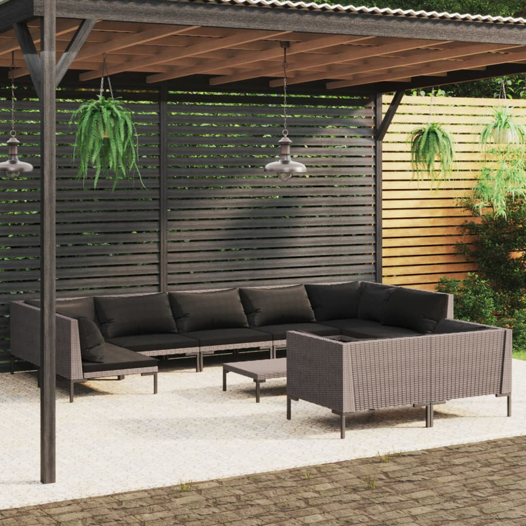 10 Piece Poly Rattan Dark Gray Patio Sectional Sofa Set with Cushions Y136824