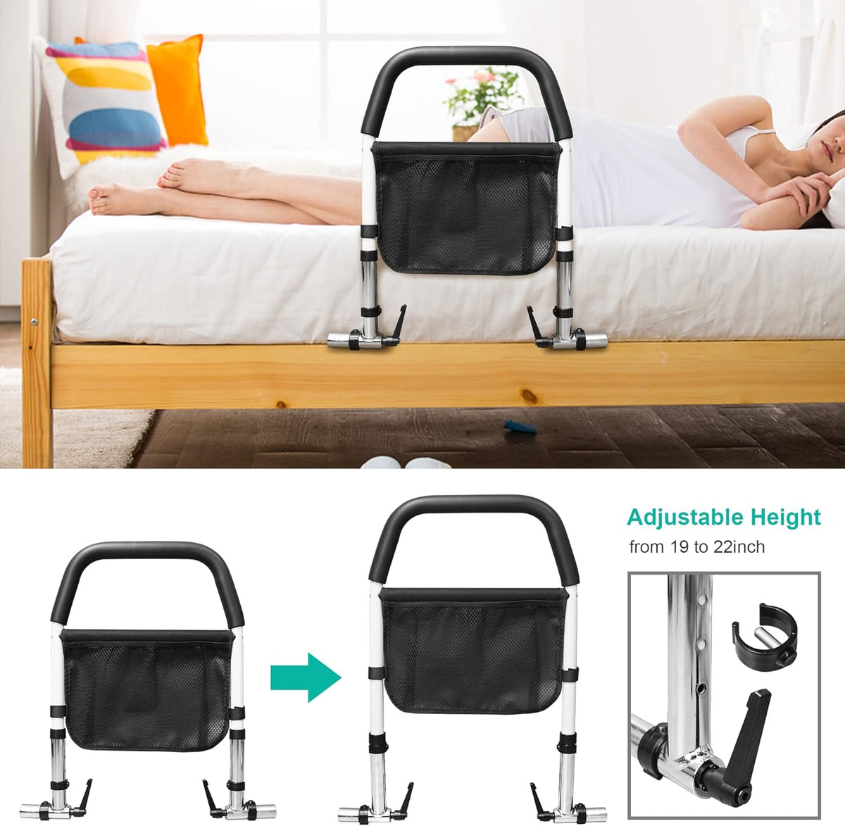 Bed Assist Rail with Fall Prevention Guard, Adjustable Height, Storage Pocket & Tablet Phone Holder, Pack of 2 C278
