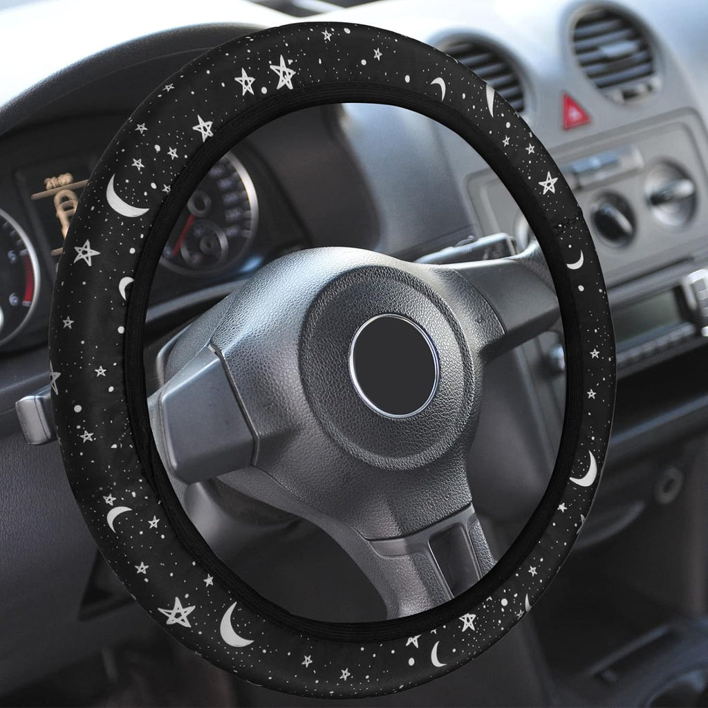 Black Moons White Stars Print Car Accessories Set Steering Wheel Cover with 2 Pieces Car Coasters and Leather Keyring V5042
