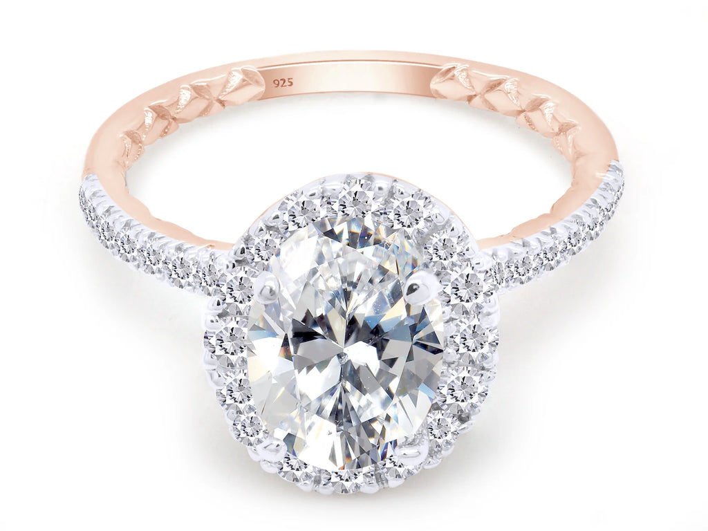 14K Rose Gold Over Sterling Silver Moissanite Solitaire Halo Engagement Ring R34380